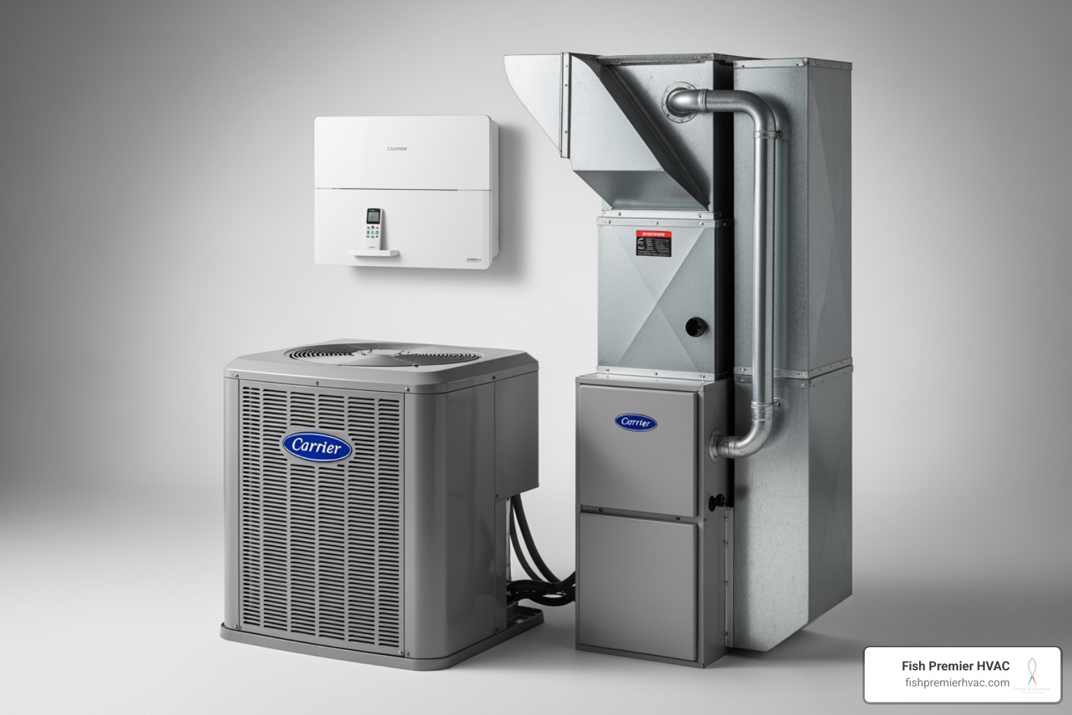 A visual representation showcasing different types of Carrier HVAC units, including a central air conditioning unit, a furnace, and a ductless mini-split system - carrier hvac dallas A visual representation showcasing different types of Carrier HVAC units, including a central air conditioning unit, a furnace, and a ductless mini-split system - carrier hvac dallas