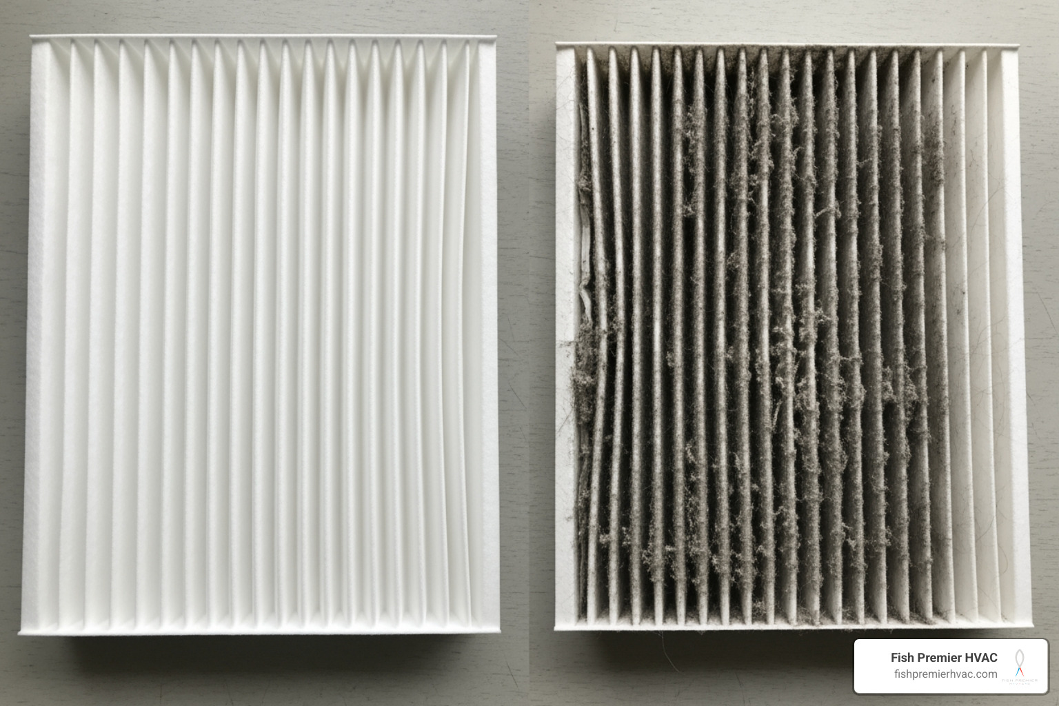 A clean HVAC air filter placed next to a visibly dirty, clogged air filter, highlighting the importance of regular filter replacement - carrier hvac dallas A clean HVAC air filter placed next to a visibly dirty, clogged air filter, highlighting the importance of regular filter replacement - carrier hvac dallas