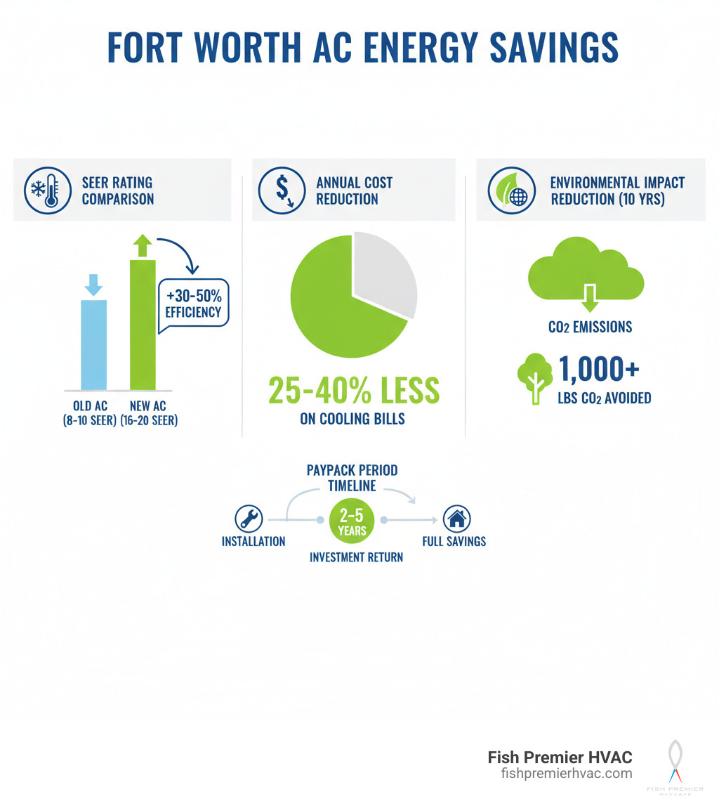 Infographic showing Fort Worth AC energy efficiency savings breakdown: SEER rating comparison, annual cost reduction percentages, payback period timeline, and environmental impact reduction over 10 years - energy efficient ac installation fort worth infographic 
