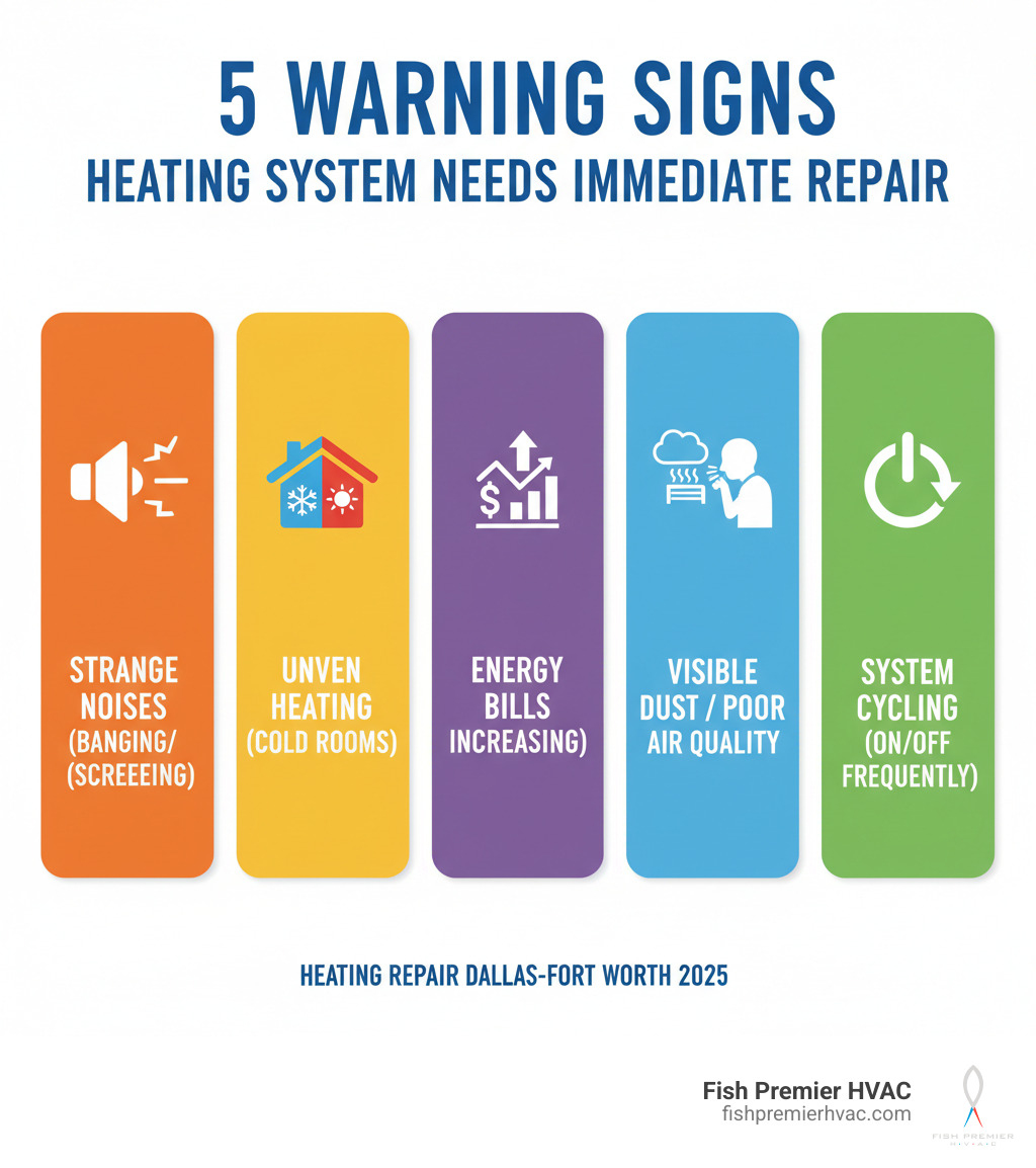 infographic showing 5 warning signs your heating system needs immediate repair: strange noises like banging or screeching, rooms heating unevenly or staying cold, energy bills increasing without explanation, visible dust or poor air quality, and system turning on and off frequently - heating repair dallas-fort worth infographic 