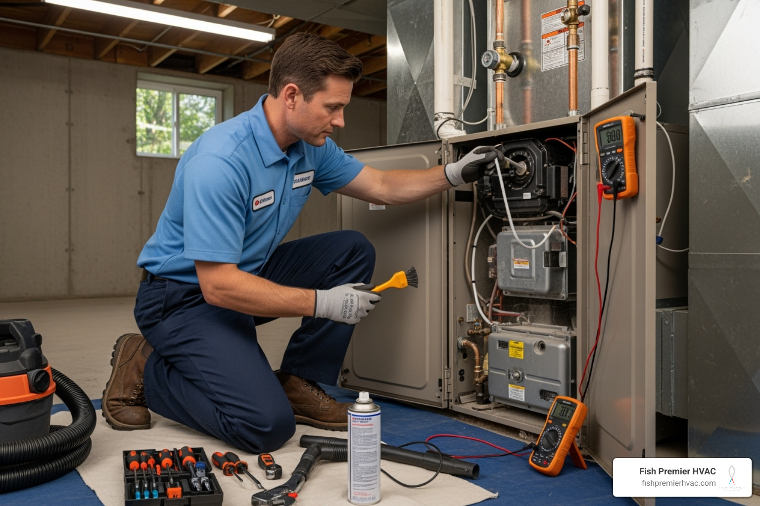 technician performing seasonal tune-up on heating unit - heating repair dallas-fort worth