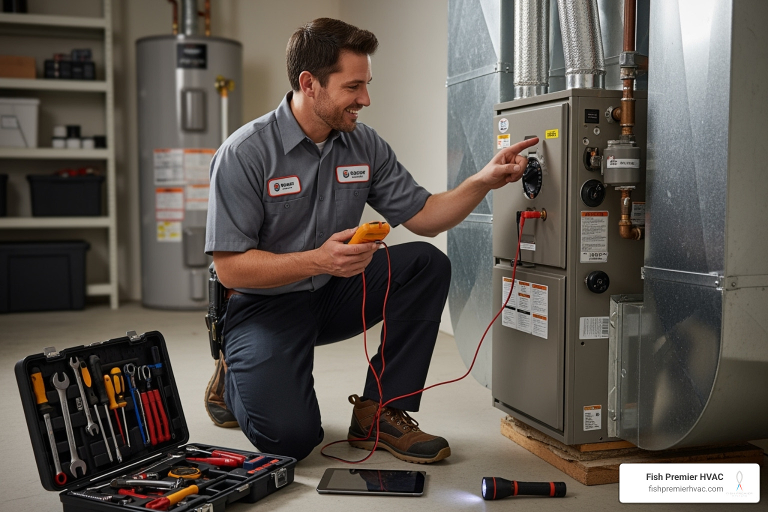 professional friendly technician diagnosing furnace - heating repair dallas-fort worth