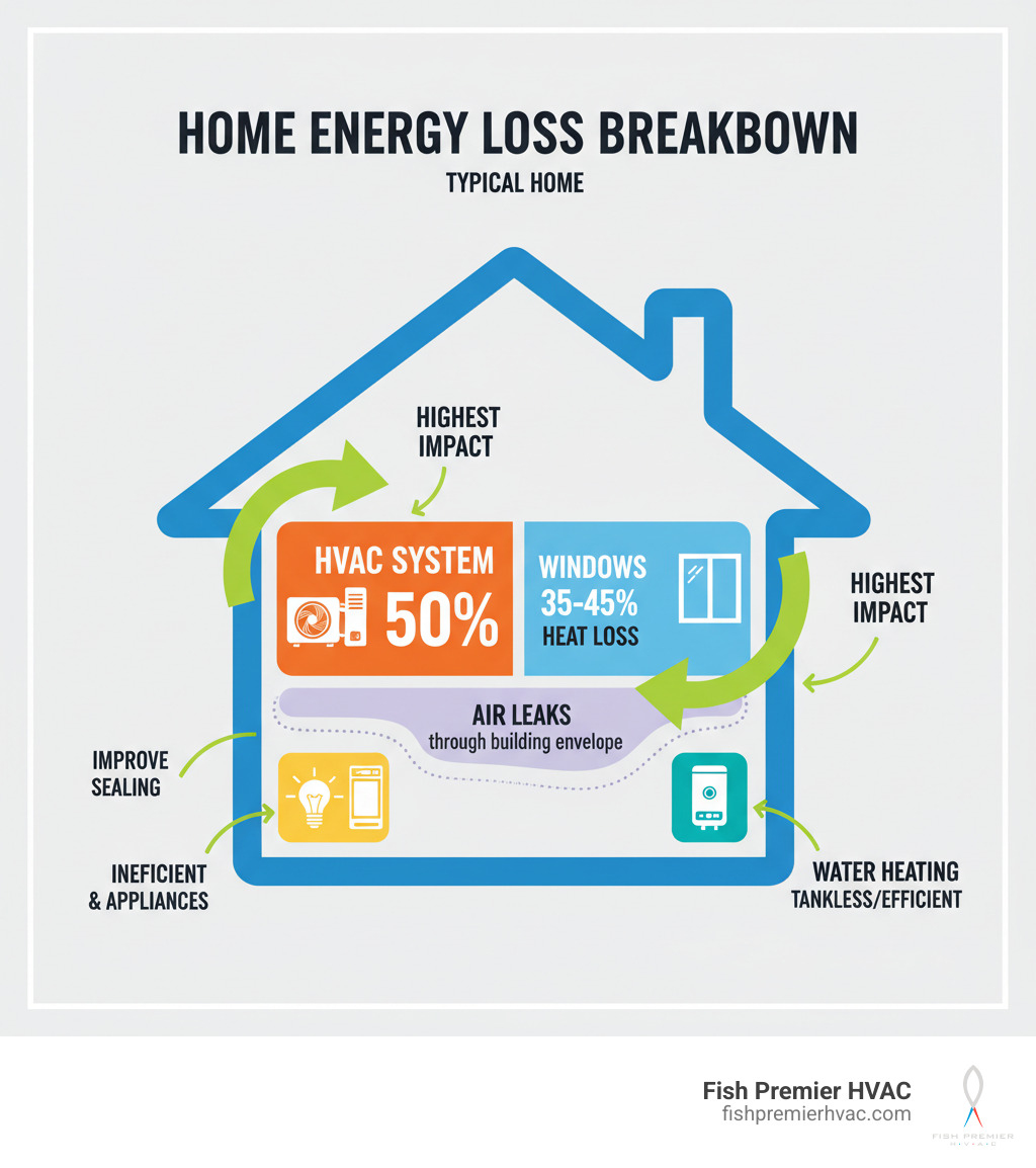 infographic showing energy loss breakdown in typical homes with percentages for HVAC system 50 percent, windows 35-45 percent heat loss, air leaks through building envelope, inefficient lighting and appliances, and water heating, with arrows indicating where improvements have highest impact - home energy management westlake infographic 