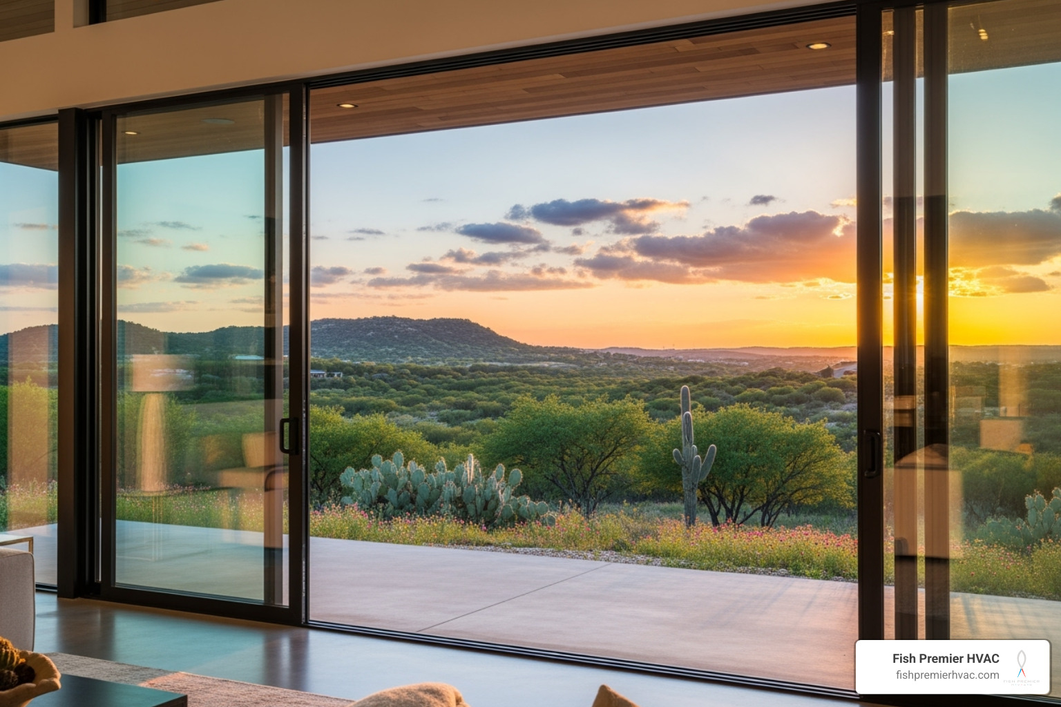 energy-efficient sliding glass doors overlooking a scenic Texas view - home energy management westlake
