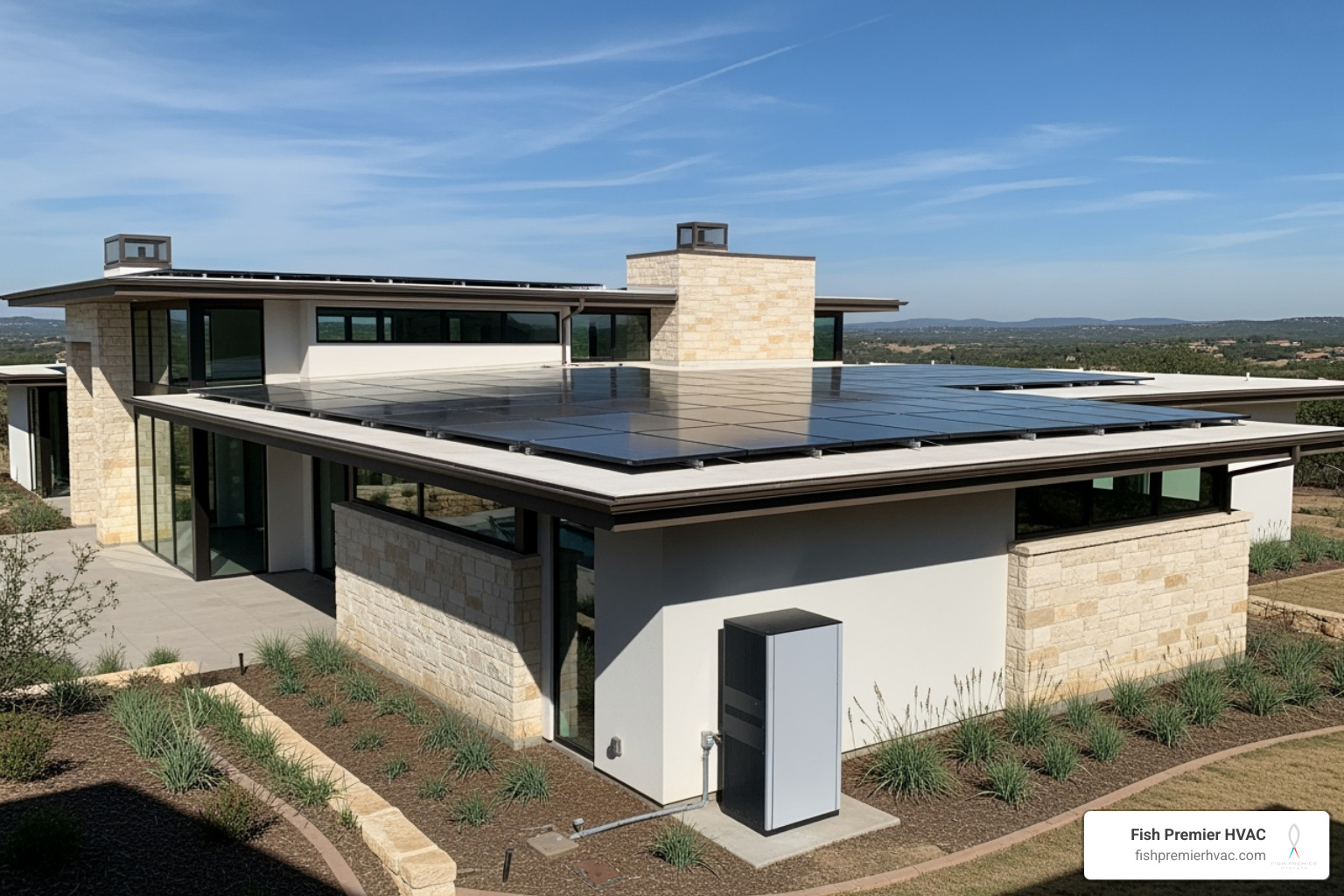 home with integrated solar panels and a discreet battery storage unit - home energy management westlake