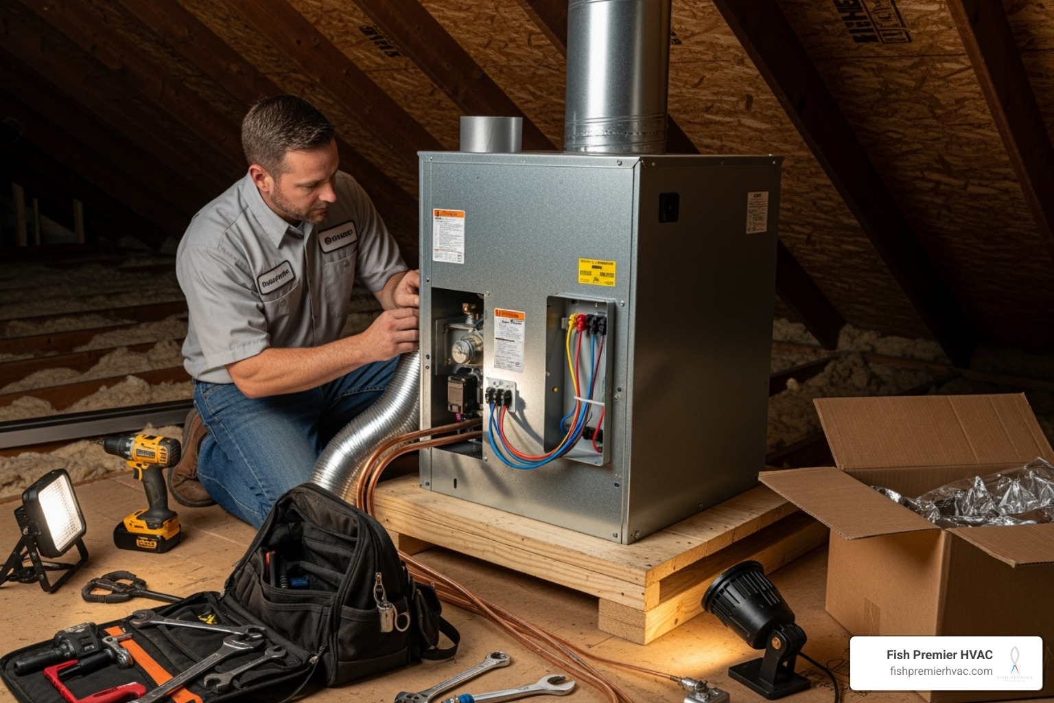 licensed technician carefully installing a new indoor air handler unit - residential hvac installation colonial hills
