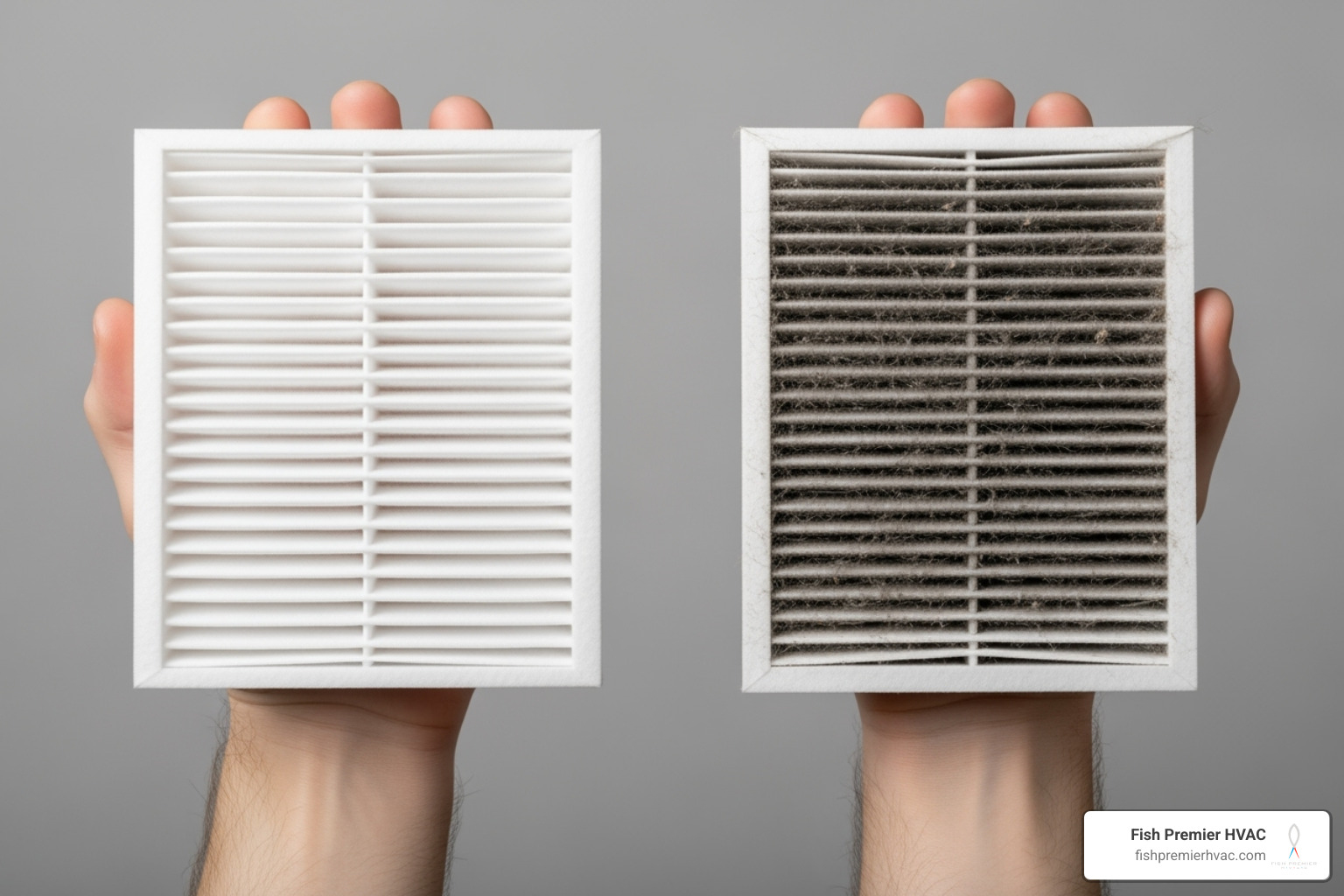 clean new HVAC air filter being held next to a dirty clogged one - complete home comfort southlake clean new HVAC air filter being held next to a dirty clogged one - complete home comfort southlake