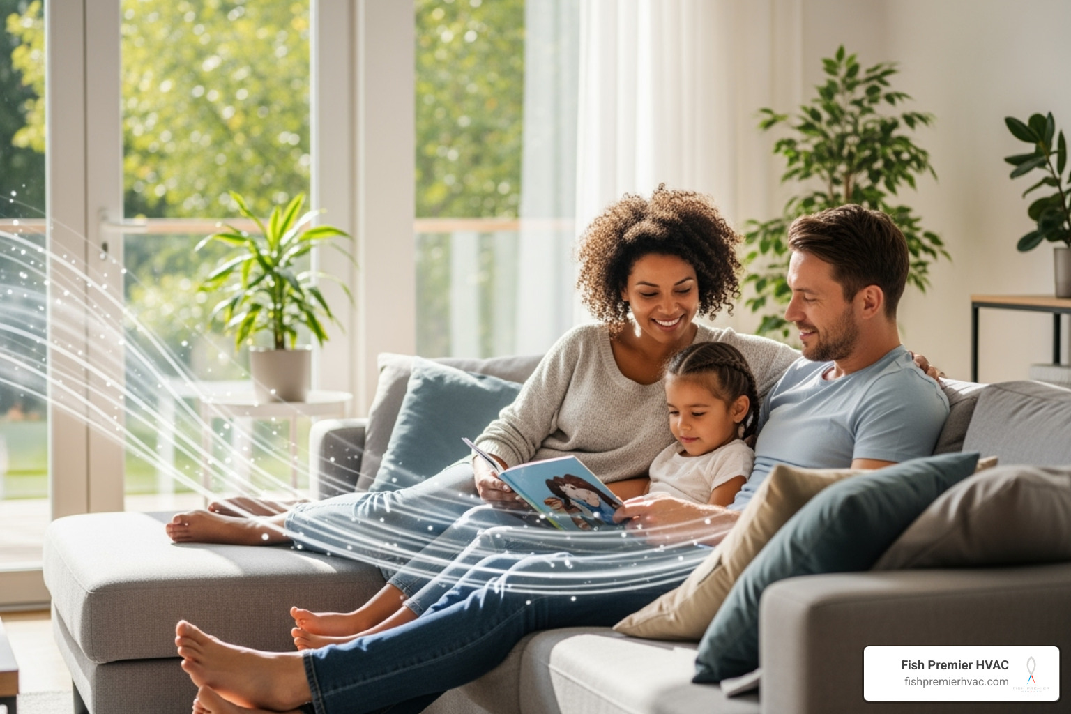 family relaxing and breathing easily in their home, with a subtle graphic overlay showing clean air circulating - complete home comfort southlake family relaxing and breathing easily in their home, with a subtle graphic overlay showing clean air circulating - complete home comfort southlake