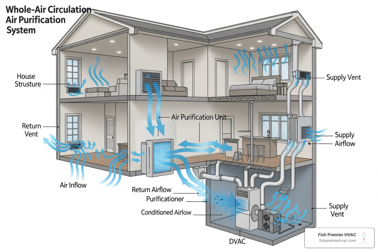 diagram showing air flowing from a room, through the HVAC return, into a whole-house purifier, and back out the vents as clean air - whole house air purification westlake diagram showing air flowing from a room, through the HVAC return, into a whole-house purifier, and back out the vents as clean air - whole house air purification westlake