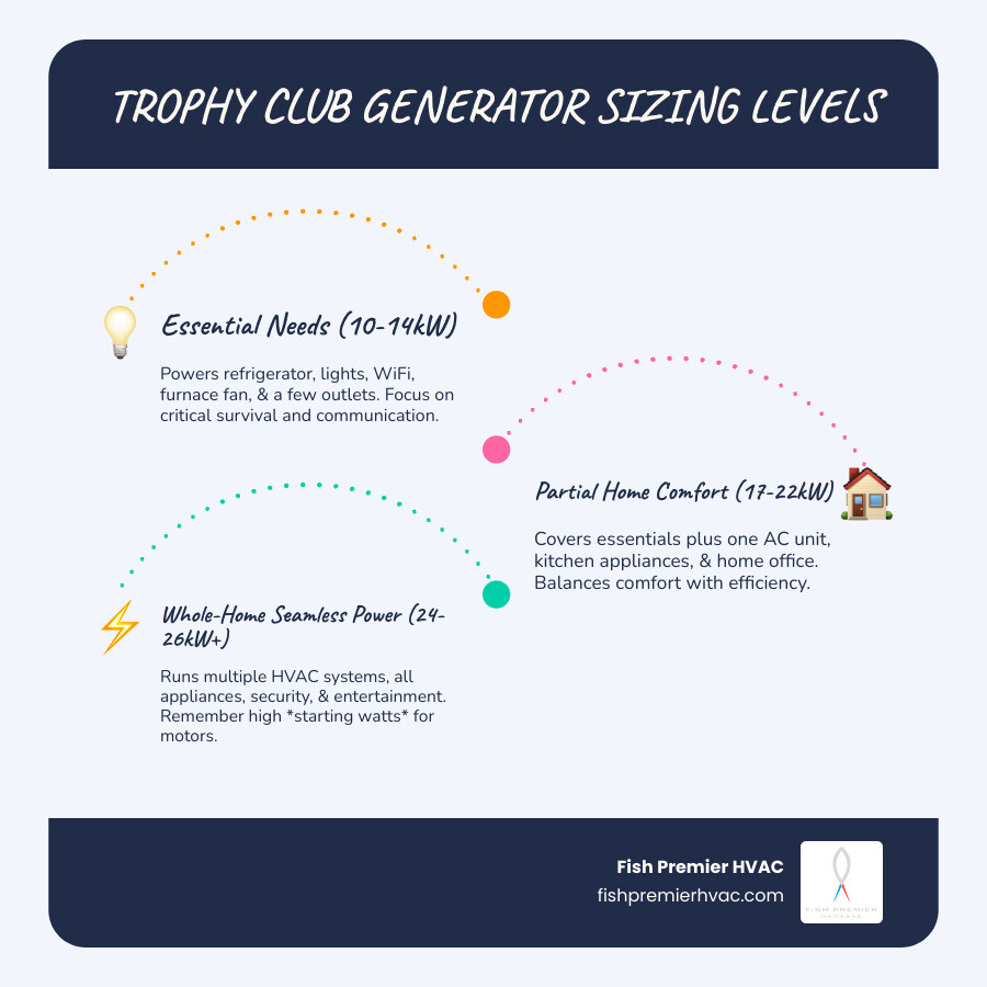 Infographic showing a visual comparison of three generator sizes: 14kW powering essential circuits like refrigerator, furnace, lights and sump pump; 22kW powering essentials plus one AC unit, kitchen appliances and home office; 26kW powering entire home including multiple HVAC systems, all appliances, security and entertainment systems, with starting watts vs running watts clearly labeled for each tier - generator sizing trophy club infographic infographic-line-3-steps-blues-accent_colors Infographic showing a visual comparison of three generator sizes: 14kW powering essential circuits like refrigerator, furnace, lights and sump pump; 22kW powering essentials plus one AC unit, kitchen appliances and home office; 26kW powering entire home including multiple HVAC systems, all appliances, security and entertainment systems, with starting watts vs running watts clearly labeled for each tier - generator sizing trophy club infographic infographic-line-3-steps-blues-accent_colors