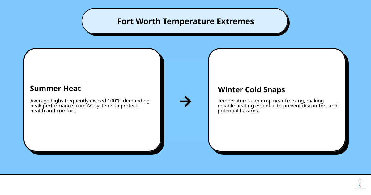 infographic showing Fort Worth monthly temperature extremes with summer highs above 100°F and winter lows near freezing, highlighting critical months for HVAC system reliability - emergency hvac repair fort worth infographic cause_effect_text infographic showing Fort Worth monthly temperature extremes with summer highs above 100°F and winter lows near freezing, highlighting critical months for HVAC system reliability - emergency hvac repair fort worth infographic cause_effect_text