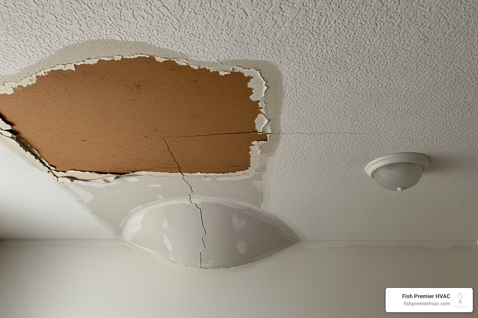 water damage on a ceiling below an attic HVAC unit - emergency hvac repair fort worth water damage on a ceiling below an attic HVAC unit - emergency hvac repair fort worth