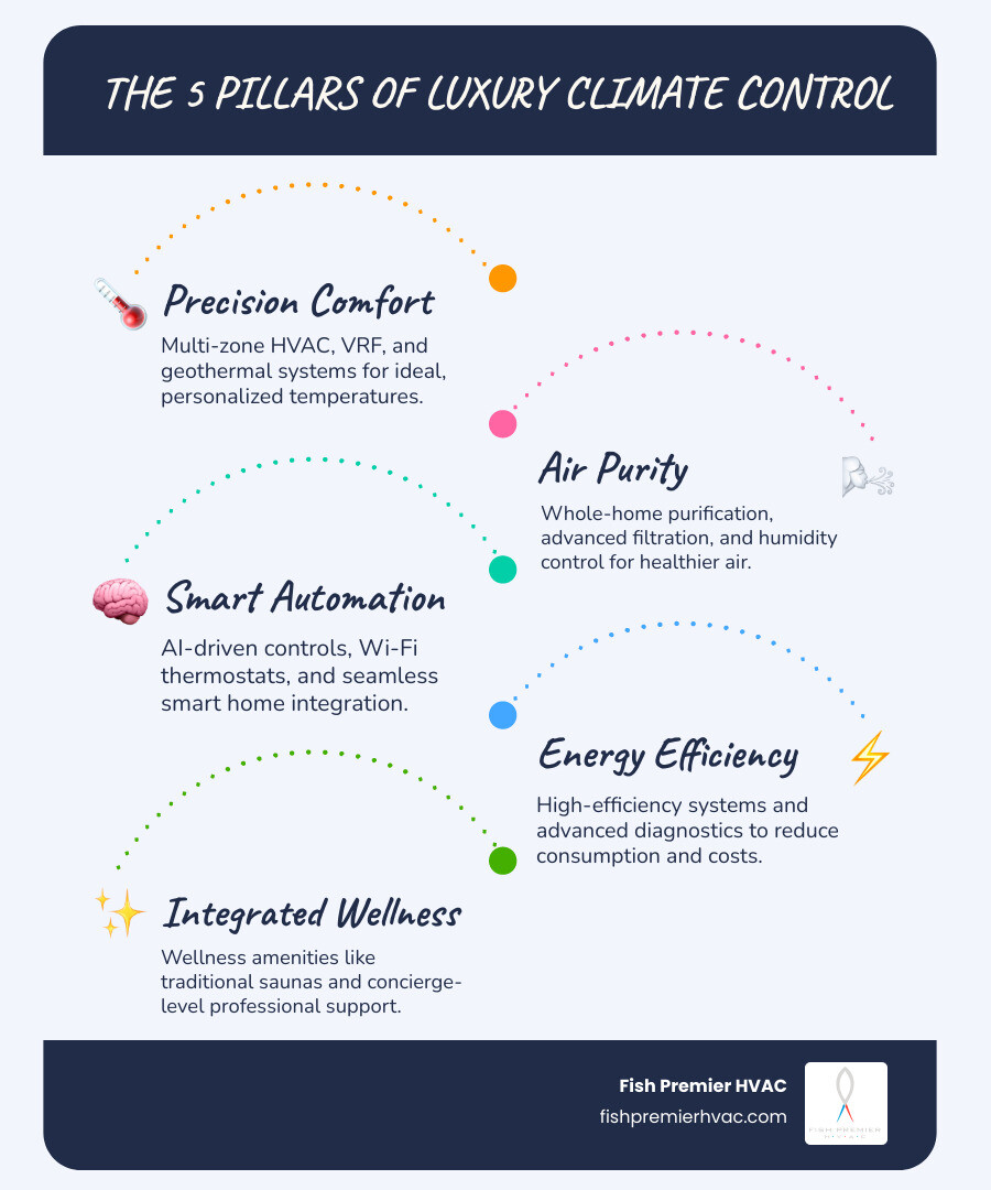 Infographic showing the four pillars of luxury climate control: Precision Comfort with multi-zone temperature control, Air Purity with whole-home purification systems, Smart Automation with AI-driven controls and voice integration, and Energy Efficiency with high-SEER equipment and advanced diagnostics - luxury climate control westlake infographic infographic-line-5-steps-blues-accent_colors Infographic showing the four pillars of luxury climate control: Precision Comfort with multi-zone temperature control, Air Purity with whole-home purification systems, Smart Automation with AI-driven controls and voice integration, and Energy Efficiency with high-SEER equipment and advanced diagnostics - luxury climate control westlake infographic infographic-line-5-steps-blues-accent_colors