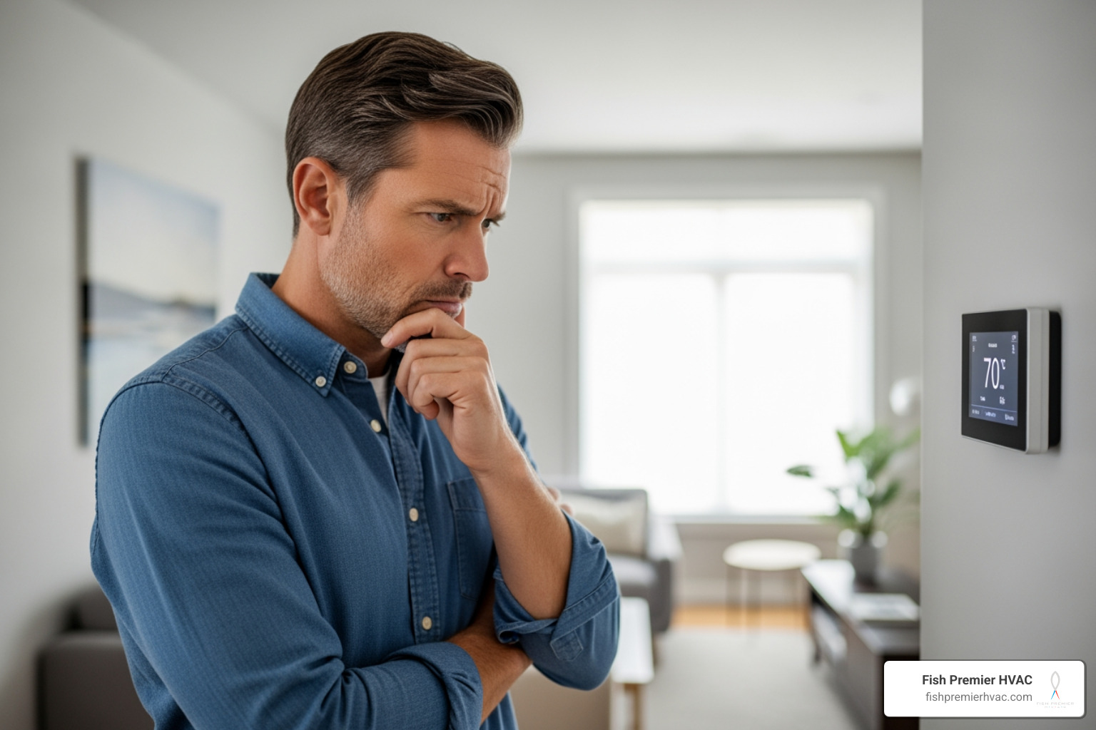 homeowner looking concerned at a thermostat - comprehensive hvac solutions colleyville homeowner looking concerned at a thermostat - comprehensive hvac solutions colleyville