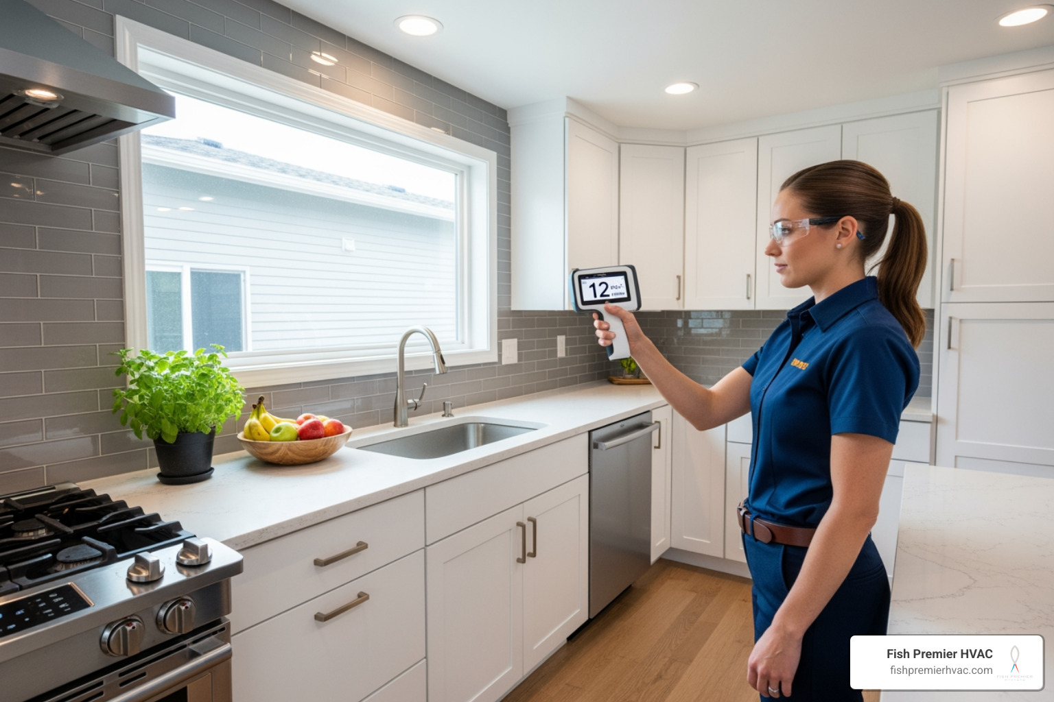 A technician in a clean, professional uniform using a handheld air quality monitoring device to take a reading in a modern, well-lit residential kitchen - air quality testing trophy club A technician in a clean, professional uniform using a handheld air quality monitoring device to take a reading in a modern, well-lit residential kitchen - air quality testing trophy club