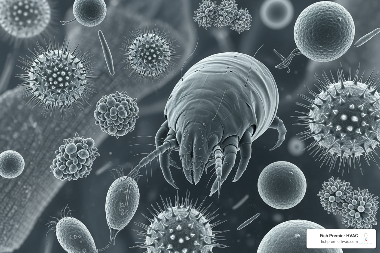 Microscopic view of common air pollutants like pollen, mold spores, and dust mites, highlighting their intricate structures - air quality testing trophy club Microscopic view of common air pollutants like pollen, mold spores, and dust mites, highlighting their intricate structures - air quality testing trophy club