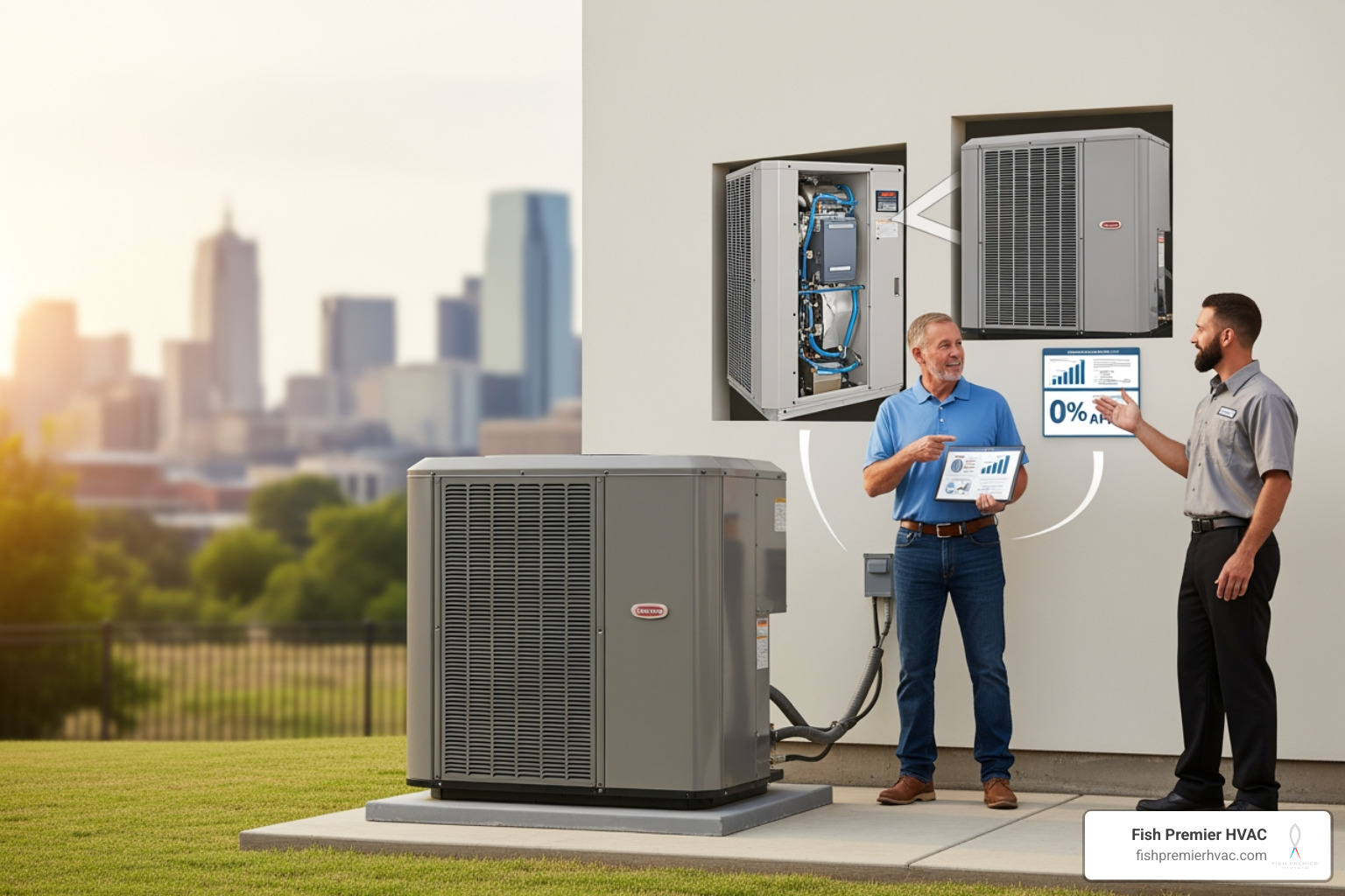 Infographic showing premium HVAC system benefits: up to 40% energy savings with high SEER ratings, improved indoor air quality with advanced filtration systems, increased home value and resale appeal, and consistent year-round comfort with smart technology integration - "Are there any companies in Fort Worth offering deals or financing on premium HVAC system installations?"