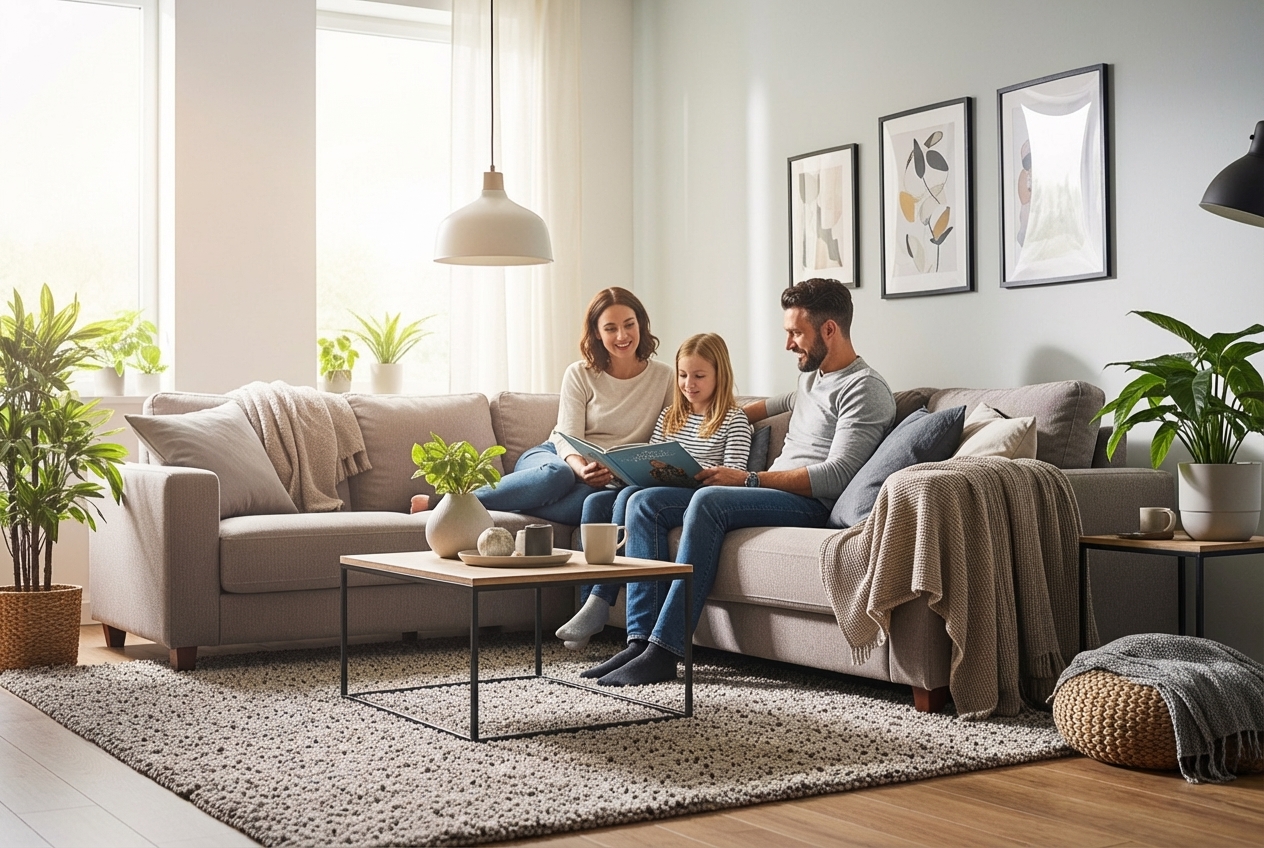 Infographic showing three key benefits of new furnace installation: a dollar sign with downward arrow representing lower energy bills, a thermometer showing consistent temperatures, and lungs icon representing improved air quality with 95% filtration efficiency - furnace installation in colleyville tx