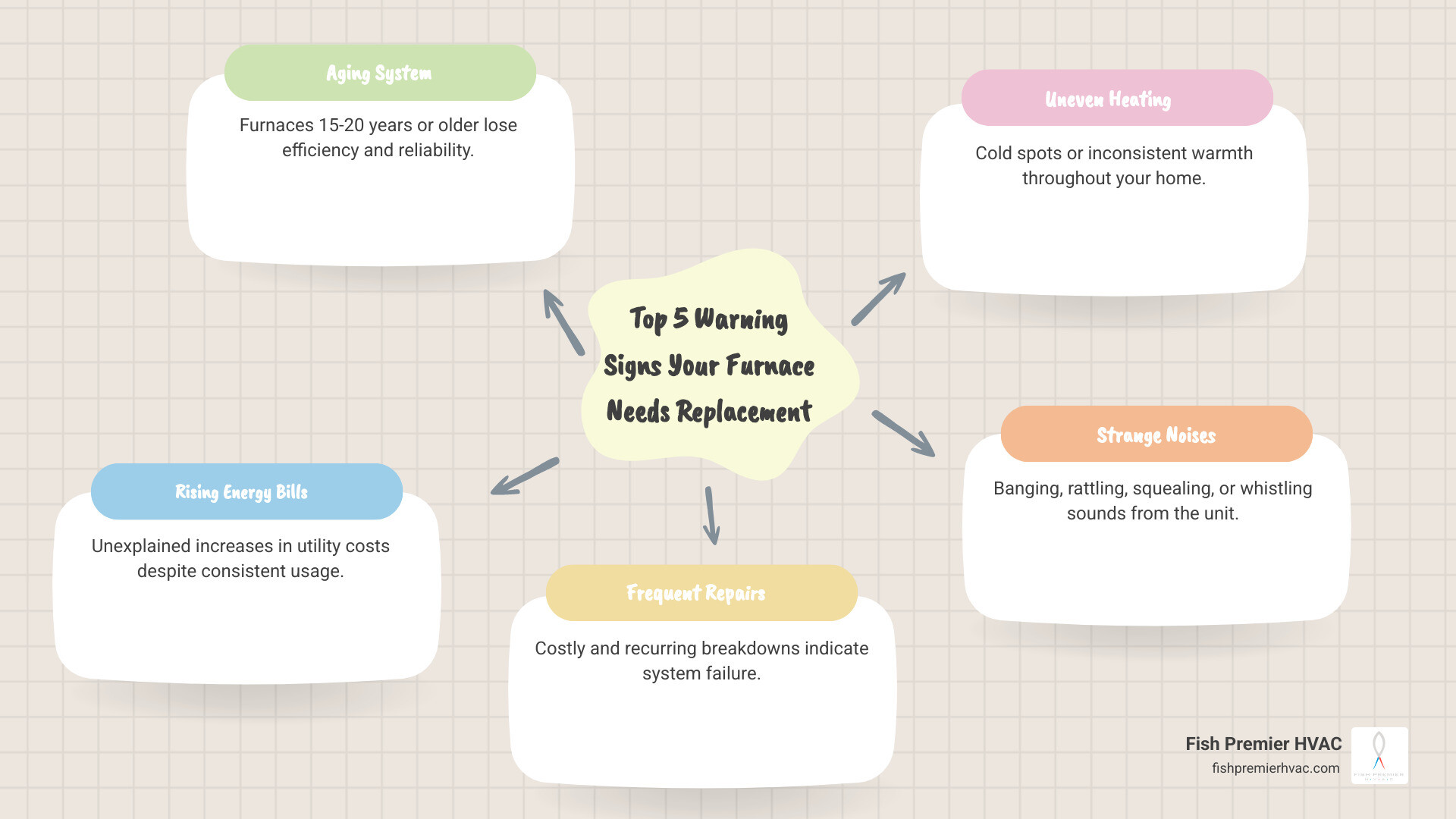 Infographic showing the top 5 warning signs your furnace needs replacement: 1) Age of 15-20 years or older, 2) Rising energy bills despite consistent usage, 3) Frequent or costly repairs, 4) Uneven heating throughout the home, 5) Strange noises like banging or rattling - furnace installation in keller tx infographic mindmap-5-items