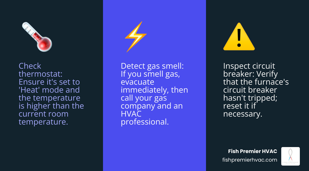Infographic showing three immediate safety checks when furnace stops working: 1. Check thermostat is set to heat mode and temperature is higher than current room temperature, 2. Verify circuit breaker hasn't tripped and reset if needed, 3. Look for gas smell and evacuate immediately if detected, then call gas company and HVAC professional - "My furnace isn't working and it's cold. Who can I call for emergency furnace repair in Westlake?" infographic 3_facts_emoji_blue