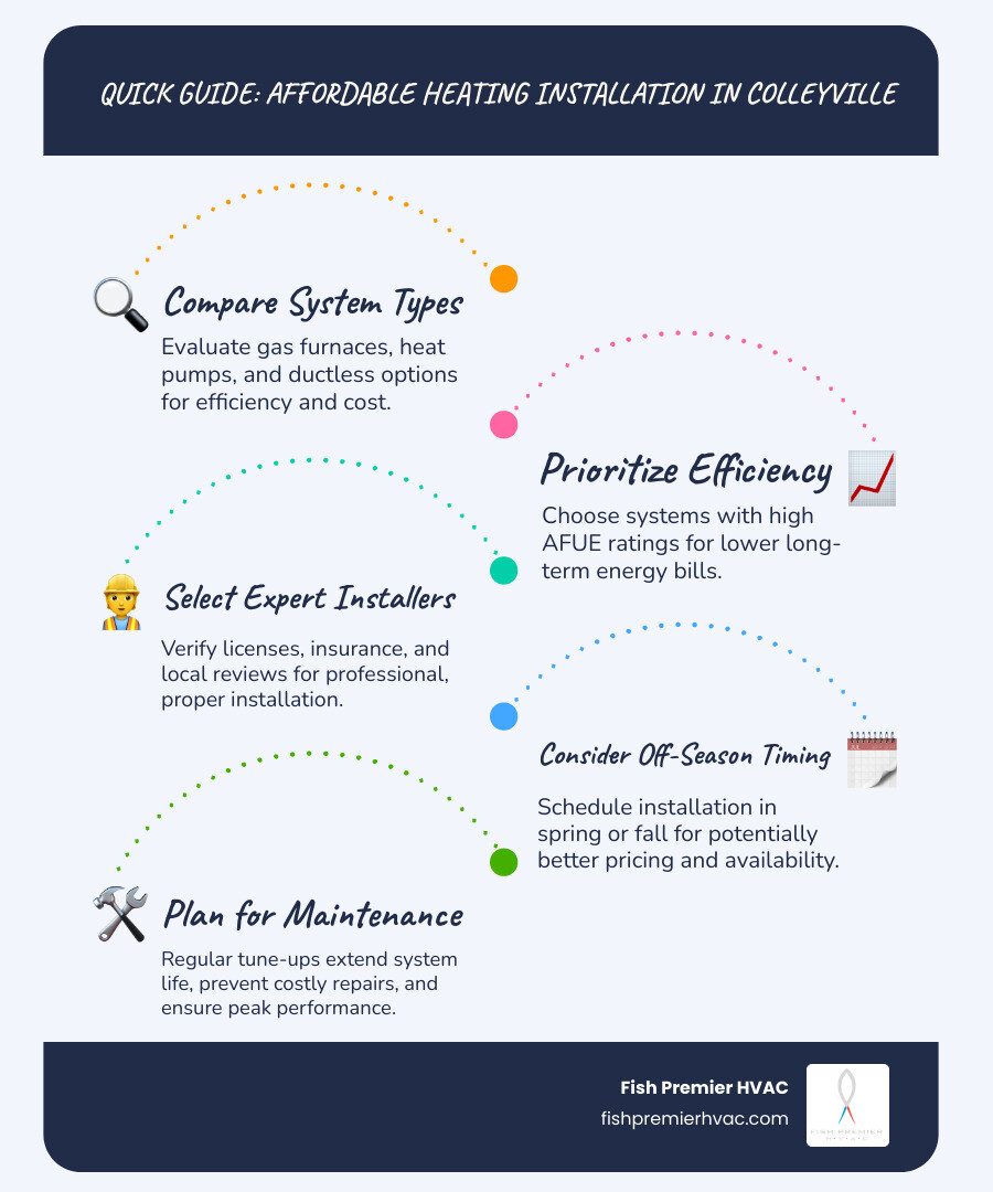 Infographic showing the complete homeowner's guide to affordable heating installation in Colleyville, including system type comparison between gas furnaces, heat pumps, and ductless systems with their average lifespans and efficiency ratings, a visual timeline showing the best seasons to install for better pricing, a checklist of contractor credentials to verify including licensing, insurance, and local reviews, and a cost-benefit breakdown illustrating how higher efficiency systems reduce monthly utility bills over time while improving home comfort and indoor air quality - affordable heating installation in colleyville, tx infographic infographic-line-5-steps-blues-accent_colors