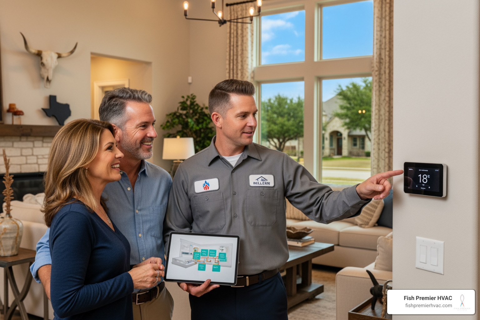 Infographic showing the key components of an integrated smart HVAC system: smart thermostat at the center connected to variable-speed air handler, outdoor heat pump unit, humidity sensors, air quality monitors, smartphone app interface, and whole-home air purification system, with arrows indicating seamless communication between all components - "I want to install an integrated smart HVAC system in my Keller home. Who are the local experts?" Infographic showing the key components of an integrated smart HVAC system: smart thermostat at the center connected to variable-speed air handler, outdoor heat pump unit, humidity sensors, air quality monitors, smartphone app interface, and whole-home air purification system, with arrows indicating seamless communication between all components - "I want to install an integrated smart HVAC system in my Keller home. Who are the local experts?"