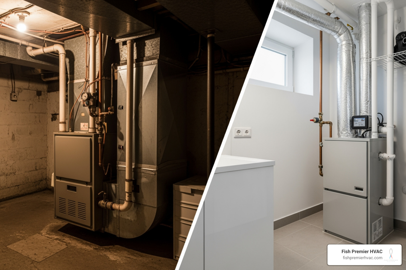 infographic showing comparison between old inefficient furnace versus new high-efficiency furnace with AFUE ratings, annual cost savings, environmental impact reduction, improved comfort zones, and expected lifespan in years - affordable furnace installation in colleyville, tx