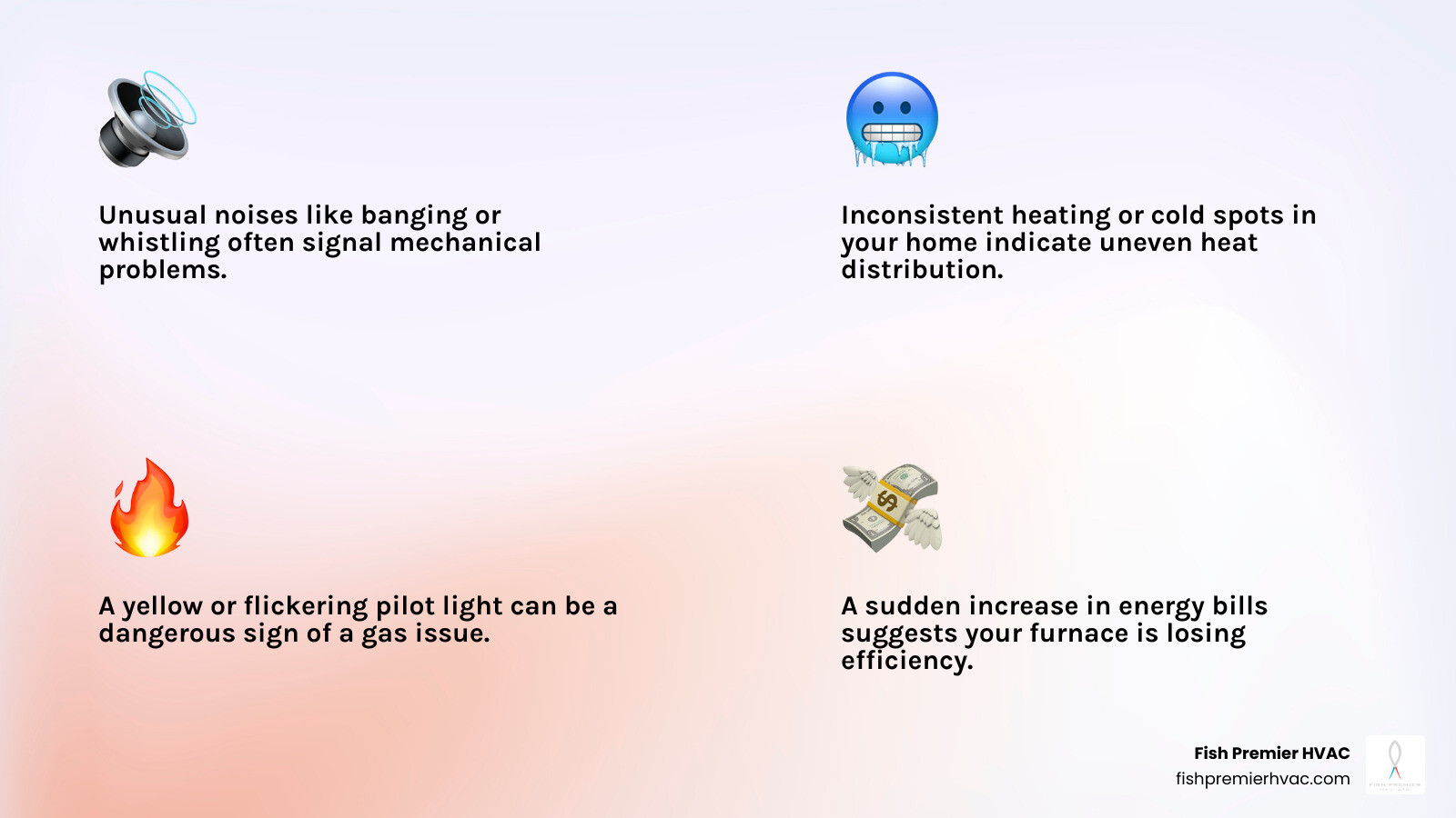 infographic showing five warning signs your furnace needs repair: unusual noises like banging or whistling, inconsistent heating or cold spots, yellow or flickering pilot light, sudden increase in energy bills, and frequent on-off cycling - furnace repair in colleyville tx infographic 4_facts_emoji_light-gradient infographic showing five warning signs your furnace needs repair: unusual noises like banging or whistling, inconsistent heating or cold spots, yellow or flickering pilot light, sudden increase in energy bills, and frequent on-off cycling - furnace repair in colleyville tx infographic 4_facts_emoji_light-gradient