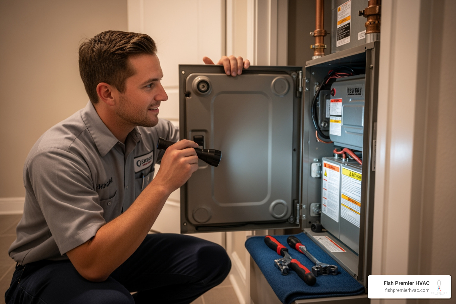 infographic showing five warning signs your furnace needs immediate attention: unusual noises like banging or whirring, uneven heating between rooms, rising energy bills, frequent on-off cycling, and yellow pilot light instead of blue - affordable furnace repair in southlake, tx