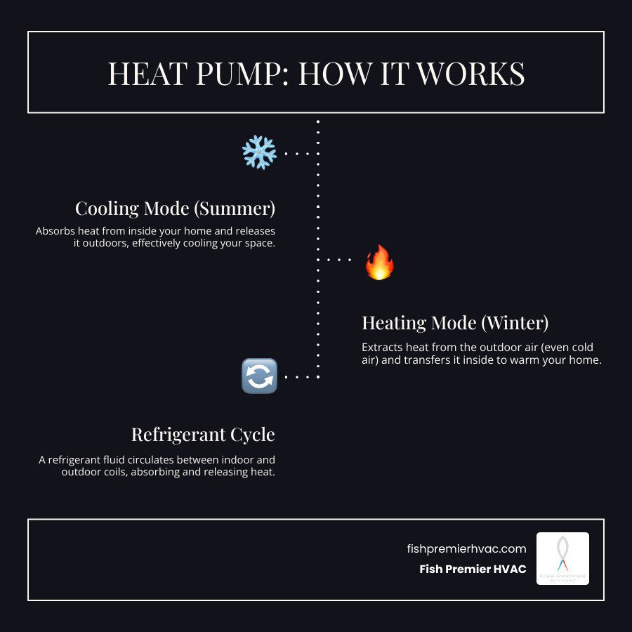 Infographic explaining how a heat pump provides both heating and cooling - best heat pump repair in keller, tx infographic infographic-line-3-steps-dark