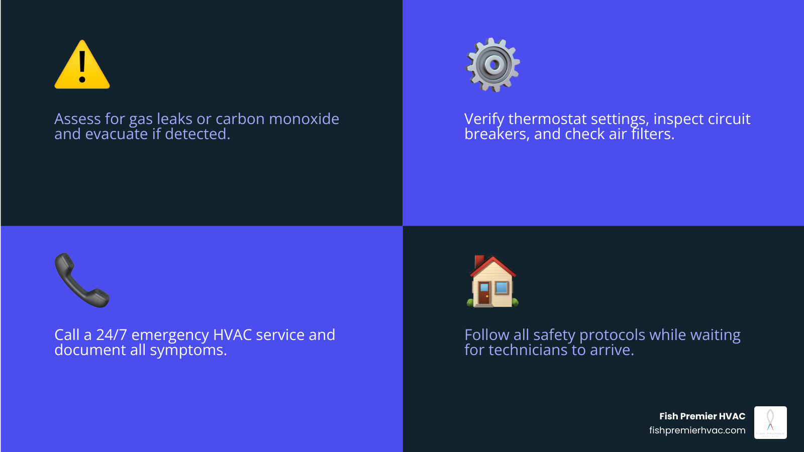 Infographic showing 4-step emergency heating response: 1. Assess the situation and check for gas leaks or carbon monoxide, 2. Verify thermostat settings and inspect circuit breakers and air filters, 3. Call emergency HVAC professionals and document symptoms, 4. Follow safety protocols while waiting for technicians to arrive - emergency heating repair in westlake, tx infographic 4_facts_emoji_blue
