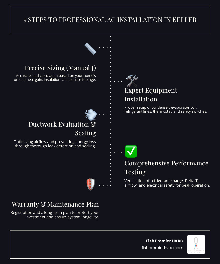 Infographic showing the AC installation process: site assessment with Manual J calculation, equipment selection based on home specifications, professional installation with duct sealing and code compliance, comprehensive post-install testing including refrigerant charge and airflow verification, and warranty registration with annual maintenance schedule - ac installation in keller tx infographic infographic-line-5-steps-dark Infographic showing the AC installation process: site assessment with Manual J calculation, equipment selection based on home specifications, professional installation with duct sealing and code compliance, comprehensive post-install testing including refrigerant charge and airflow verification, and warranty registration with annual maintenance schedule - ac installation in keller tx infographic infographic-line-5-steps-dark