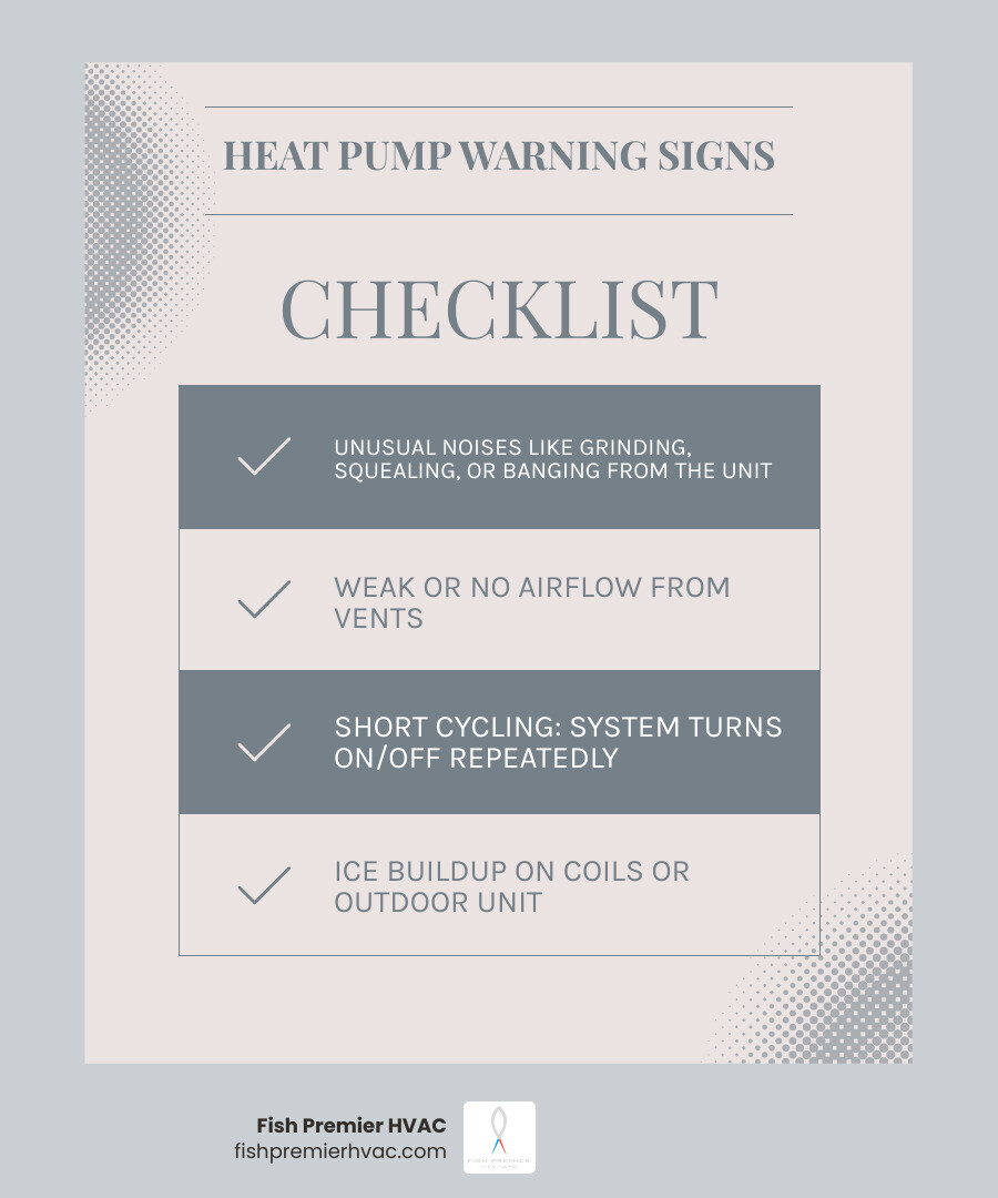 Infographic showing common heat pump problems, warning signs, and when to call for repair in Westlake TX - heat pump repair Infographic showing common heat pump problems, warning signs, and when to call for repair in Westlake TX - heat pump repair