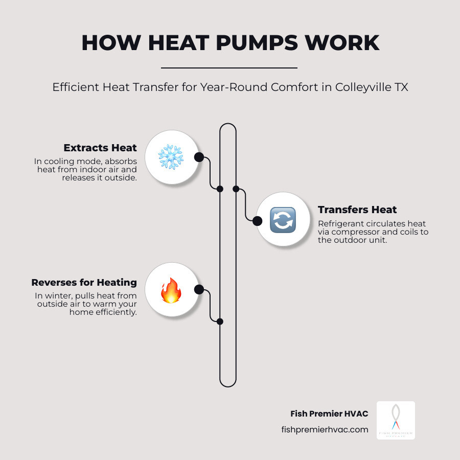 Infographic showing heat transfer process of a heat pump, types available, and key benefits for Colleyville TX homeowners