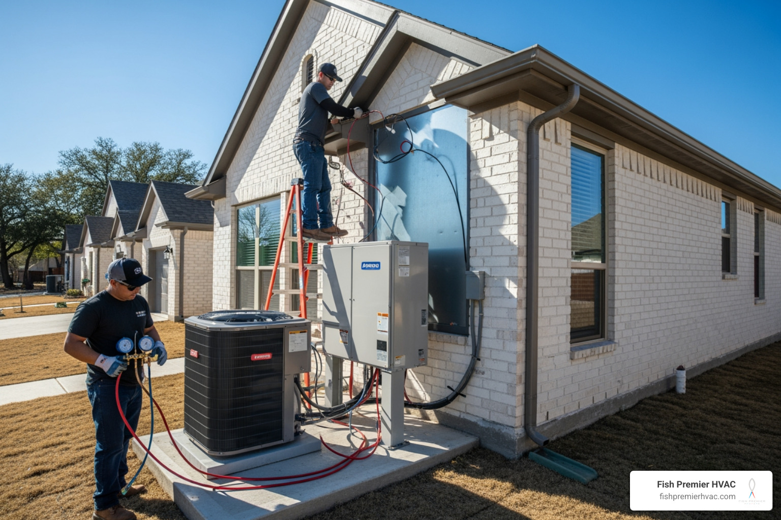 infographic showing heat pump operation cycle with heating mode extracting warmth from outdoor air and transferring it indoors during winter, and cooling mode removing heat from indoor air and releasing it outside during summer, with arrows indicating refrigerant flow and seasonal temperature ranges for Keller TX climate - heat pump installation in keller tx