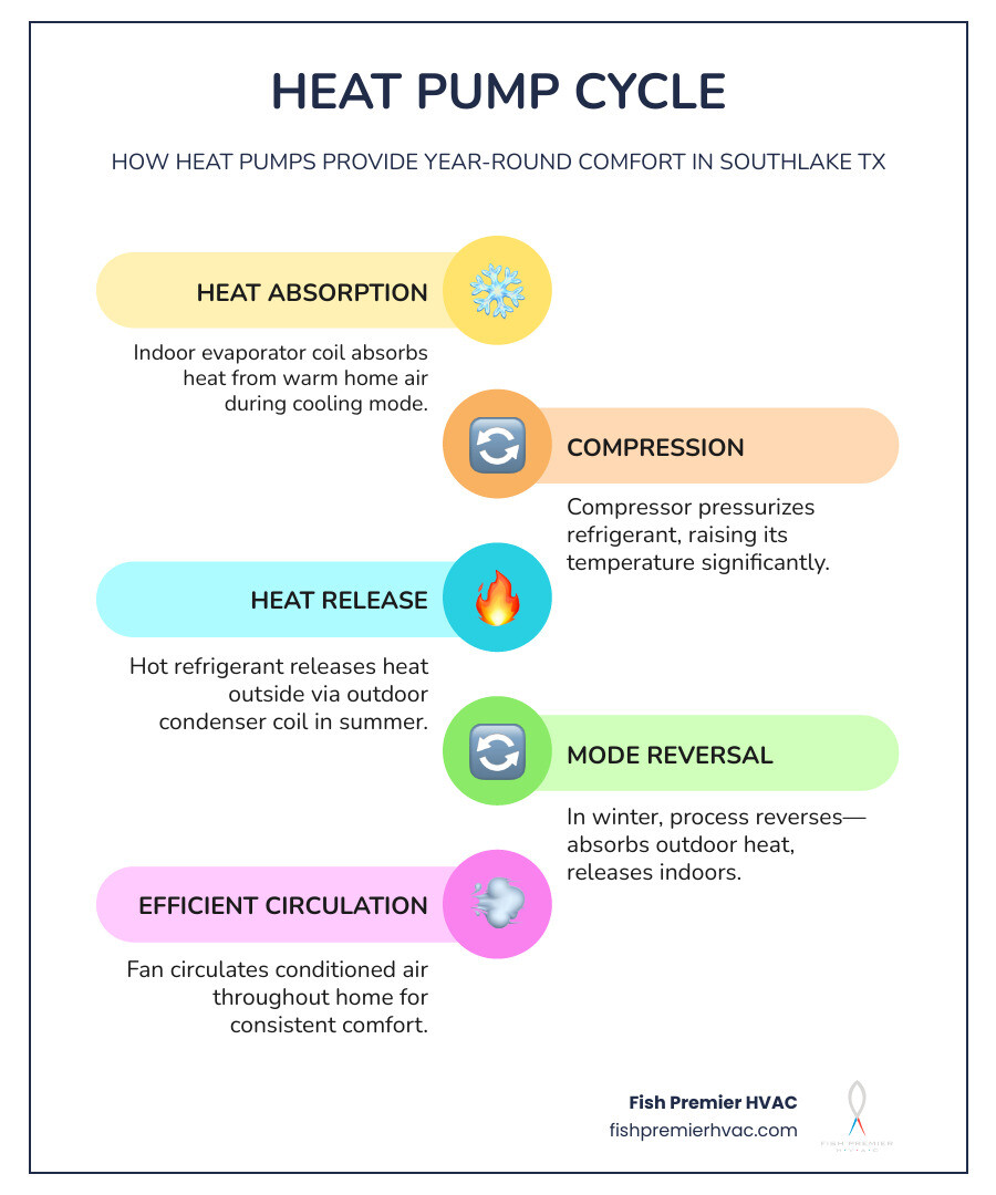 Infographic showing heat pump heating and cooling cycle for Southlake TX climate year-round comfort guide - heat pump