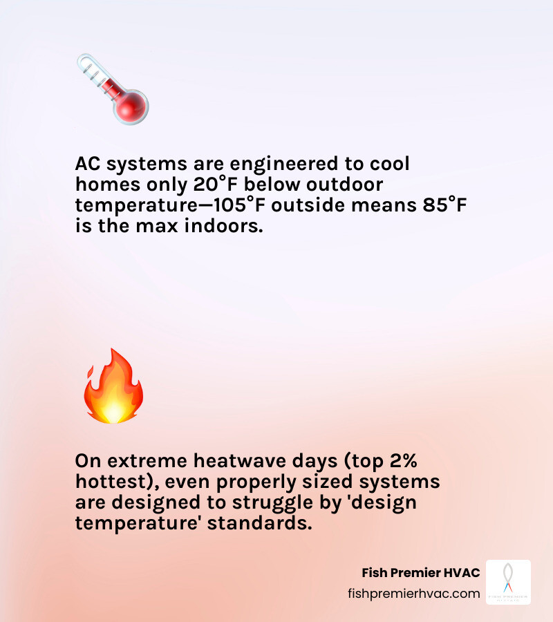 Infographic showing the 20-degree AC cooling differential rule and common reasons AC can't keep up with heat - when your ac
