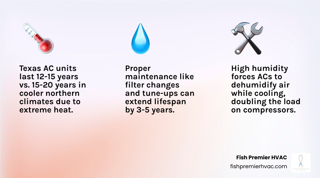 Infographic showing Texas AC lifespan cycle: 12-15 years with maintenance steps at each stage - how to extend the life of