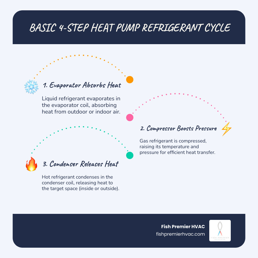 Infographic showing the basic 4-step heat pump refrigerant cycle for heating and cooling a home - how does a heat pump work