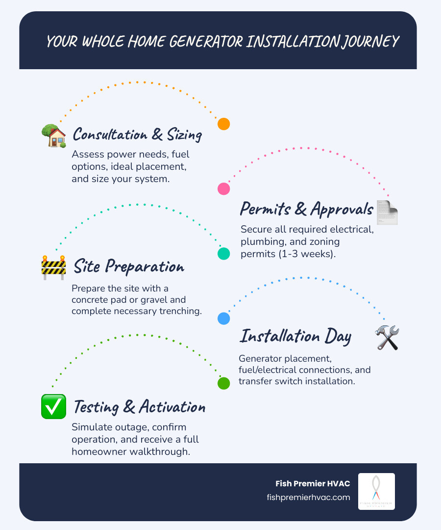 Infographic showing whole home generator installation timeline from consultation to activation over 3-6 weeks - whole home Infographic showing whole home generator installation timeline from consultation to activation over 3-6 weeks - whole home
