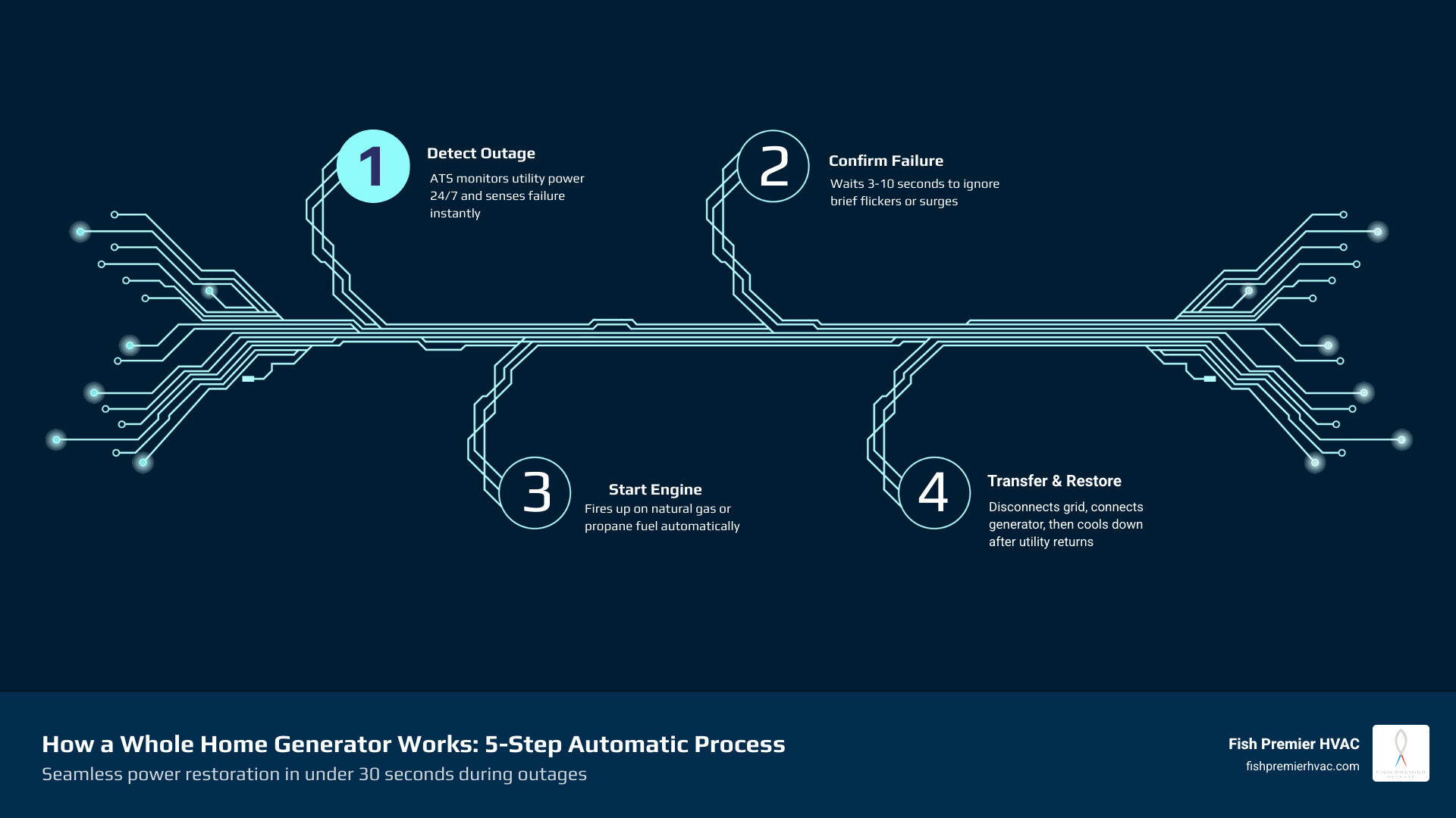 infographic showing the 5-step automatic power restoration cycle of a whole home standby generator - how does a whole home infographic showing the 5-step automatic power restoration cycle of a whole home standby generator - how does a whole home
