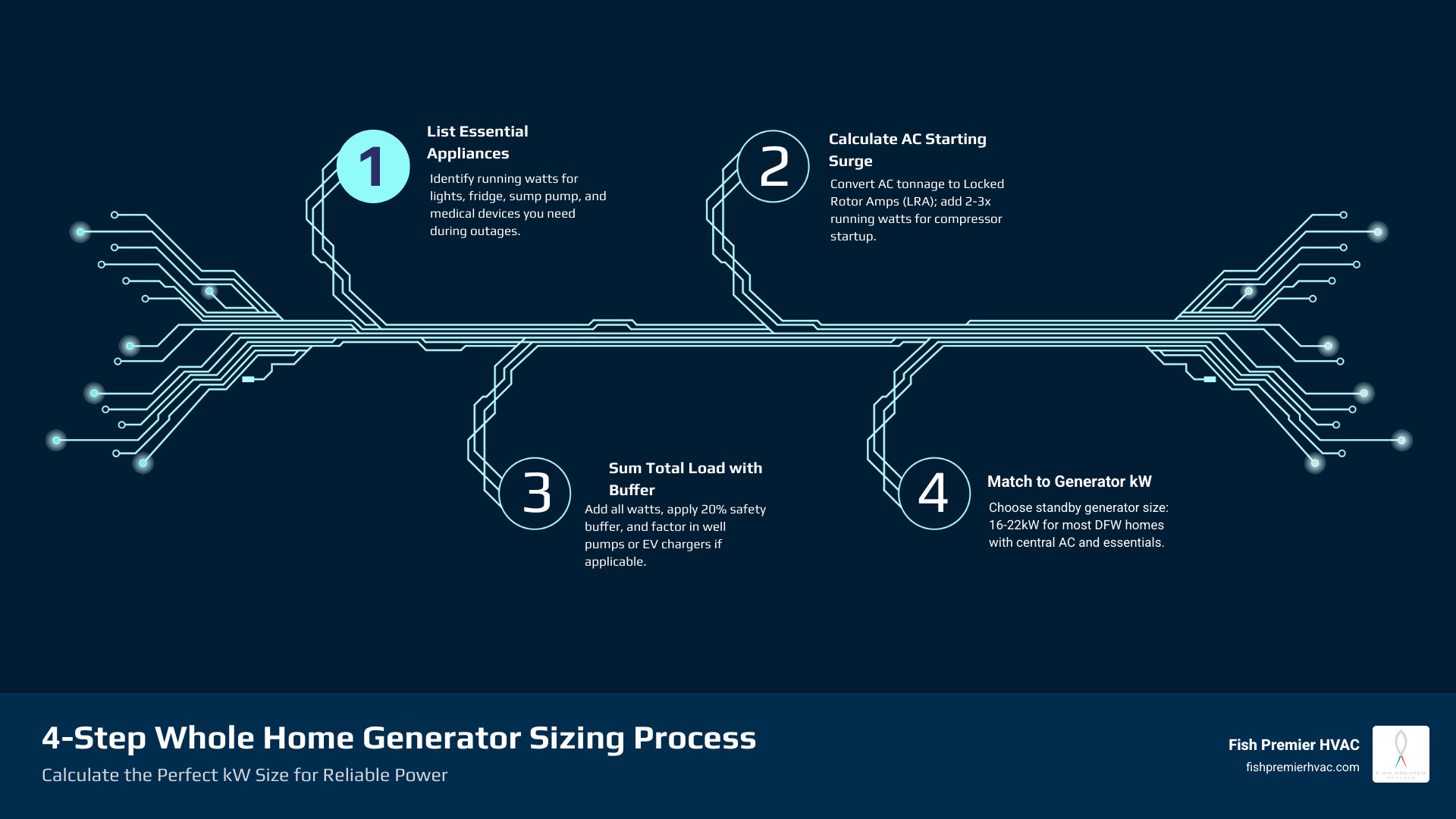 4-step whole home generator sizing process infographic with kW ranges by home size - what size whole home generator do i