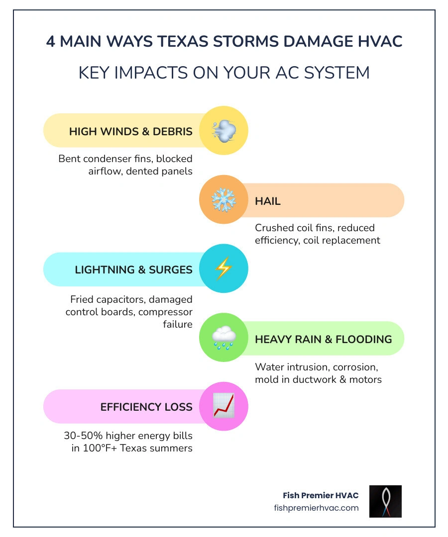Infographic showing four types of Texas storm damage to HVAC systems: wind debris, hail, power surges, flooding - how texas