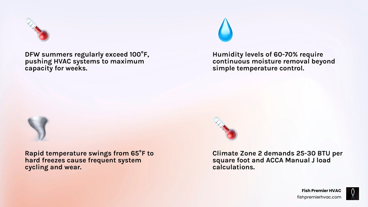 Infographic showing DFW seasonal HVAC demands: summer 100°F plus humidity, spring pollen swings, winter freeze risk, and