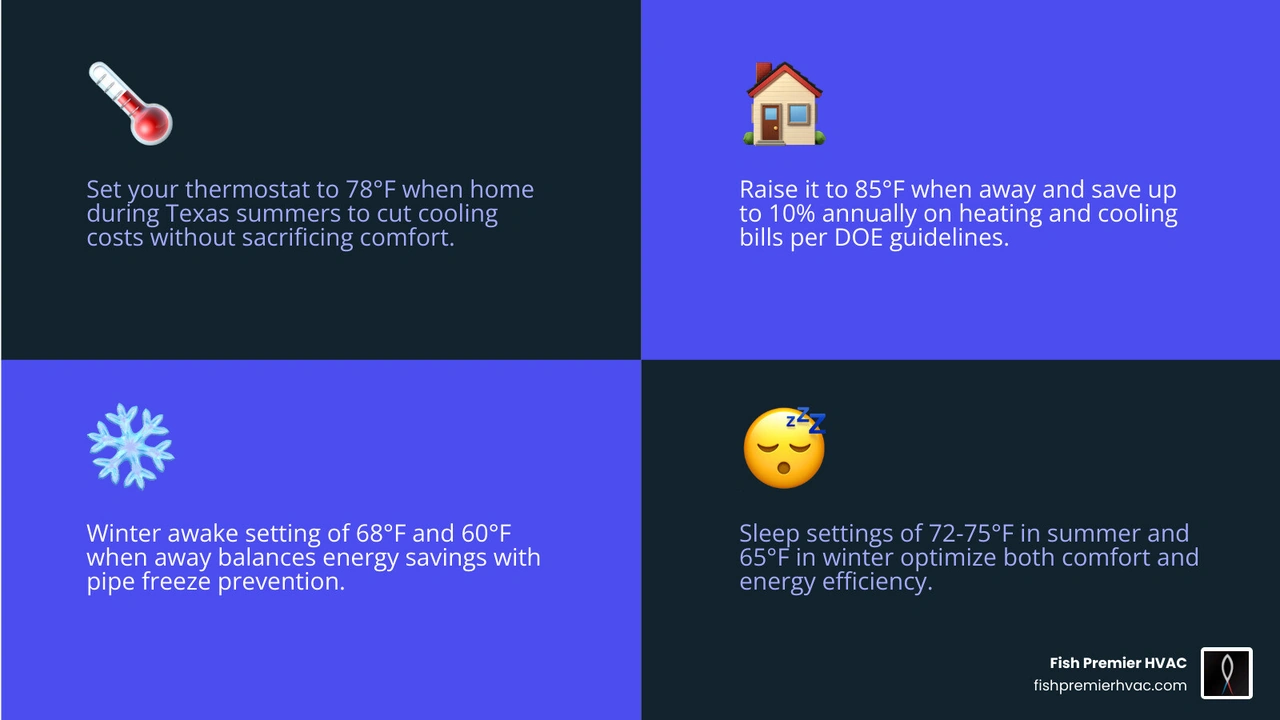 Infographic showing recommended Texas thermostat settings by season and time of day with annual energy savings percentages