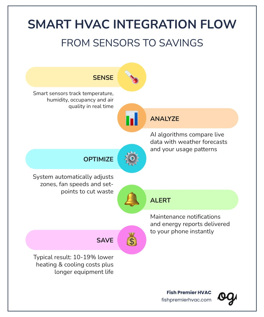 Infographic showing smart HVAC ecosystem: smart thermostat, sensors, zoning, air quality, remote access, energy savings