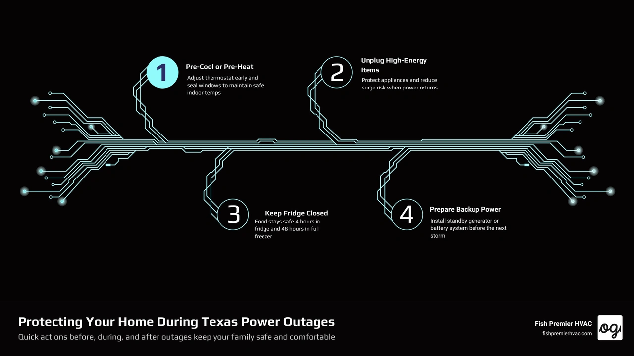Infographic showing causes of Texas power outages and key home protection steps during outages infographic Infographic showing causes of Texas power outages and key home protection steps during outages infographic