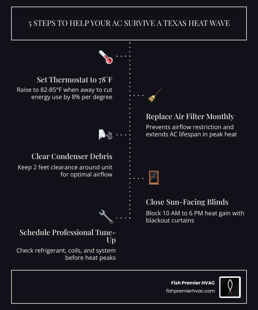 Infographic showing 5 steps to help your AC survive a Texas heat wave with icons for thermostat, filter, condenser, windows Infographic showing 5 steps to help your AC survive a Texas heat wave with icons for thermostat, filter, condenser, windows