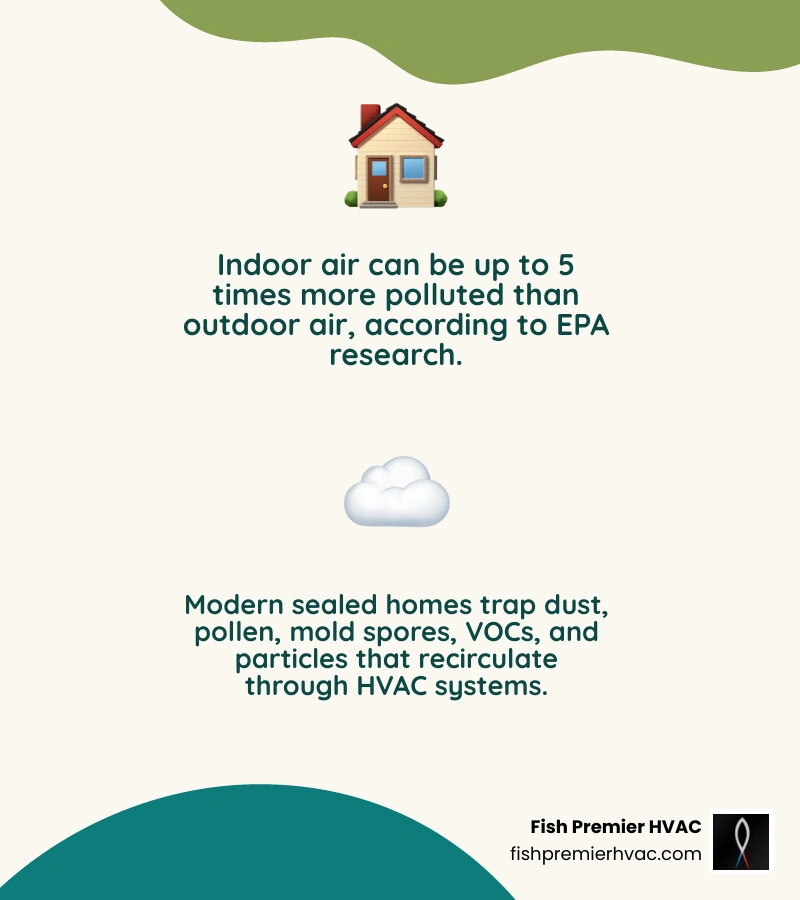 Infographic showing indoor air quality vs outdoor air quality, top filtration benefits, and contaminants removed by whole Infographic showing indoor air quality vs outdoor air quality, top filtration benefits, and contaminants removed by whole