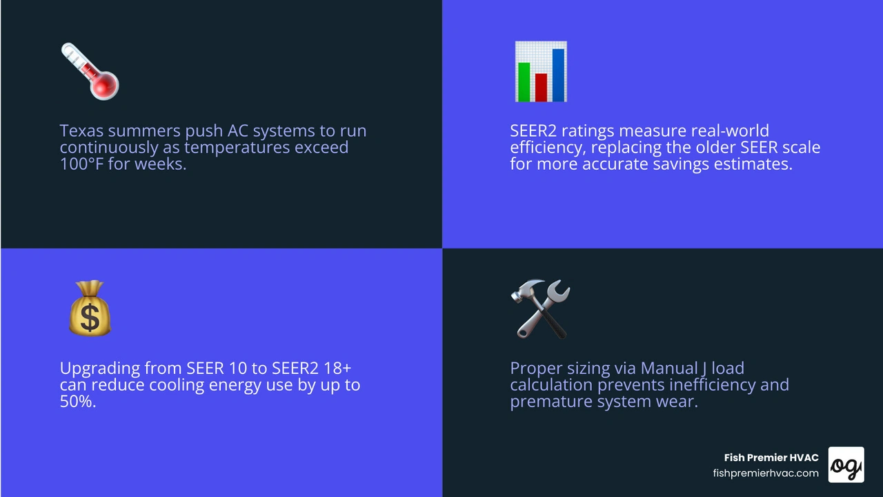 Infographic showing SEER2 vs SEER ratings, recommended efficiency tiers for Texas climates, and estimated energy savings by